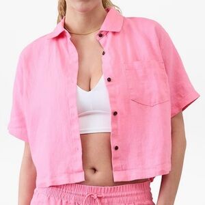 Athleta Retreat Linen Short Sleeve Shirt in Raphanus Pink Size L Relaxed Fit